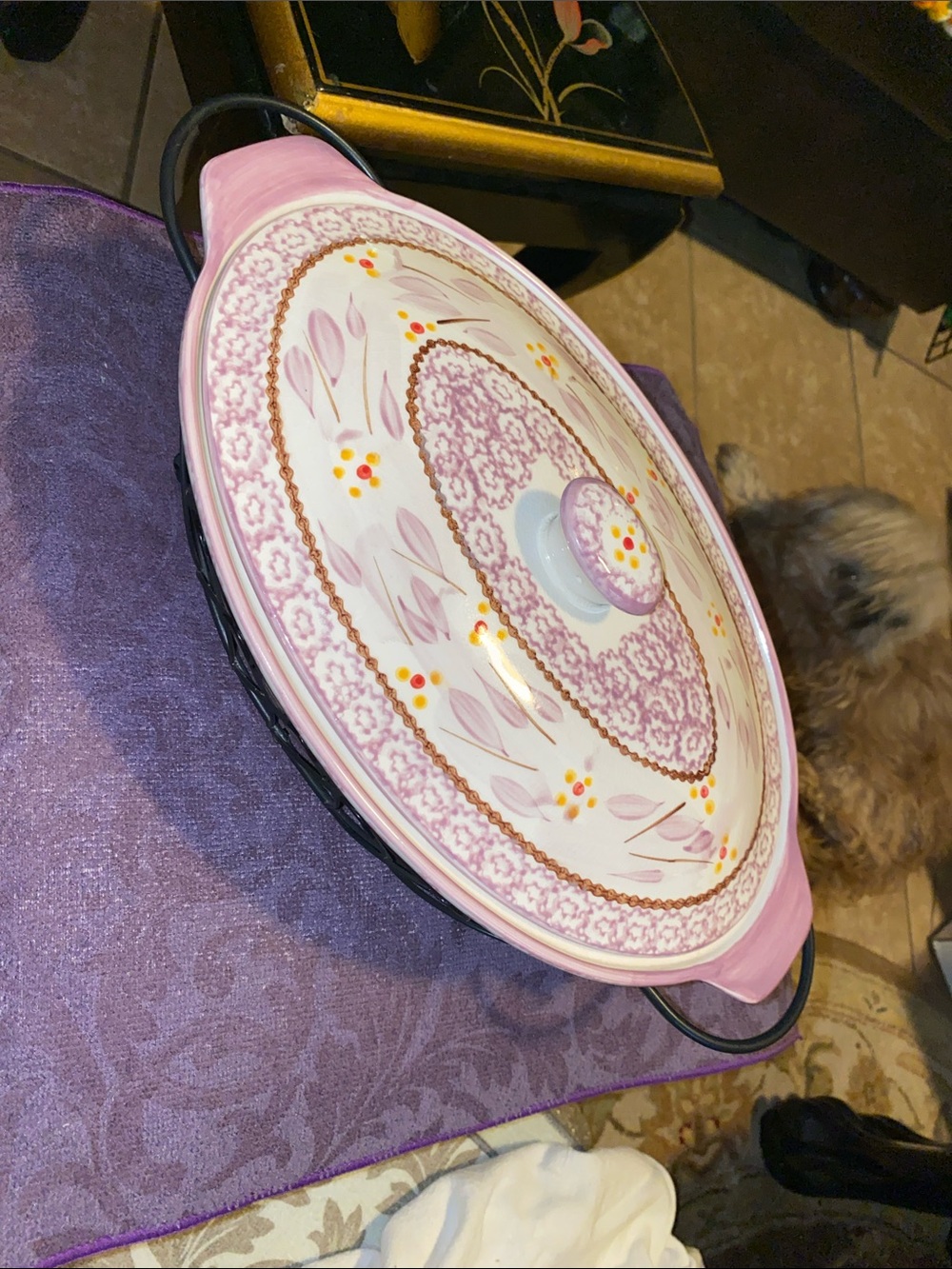 Temptations 4PC Old World Pink and White Floral Ceramic Covered Casserole Dish